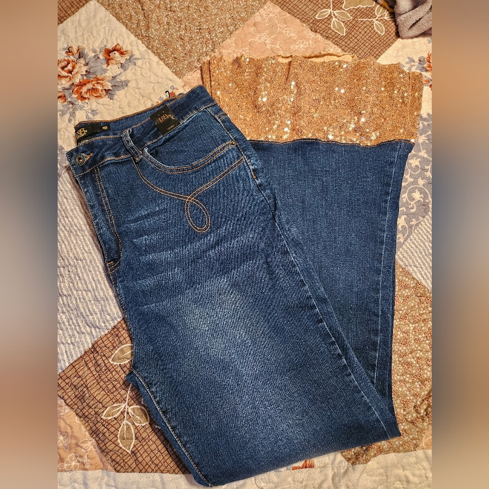Lucky AndBlessed Flare Jeans with Gold Sequin Bellbottom Details